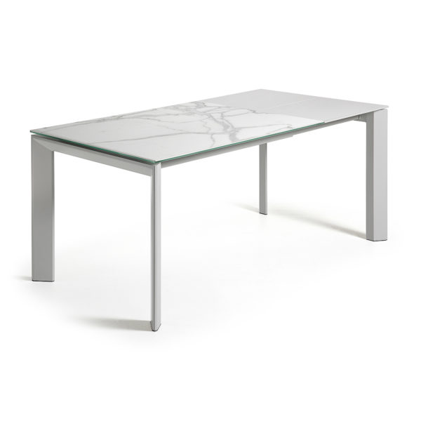 Rastezljivi blagovaonski stol Atta, bijeli porcelan, sive nogice, više dimenzija