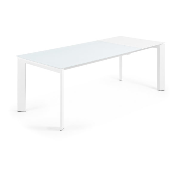 Rastezljivi blagovaonski stol Atta, bijelo staklo, bijele nogice, više dimenzija