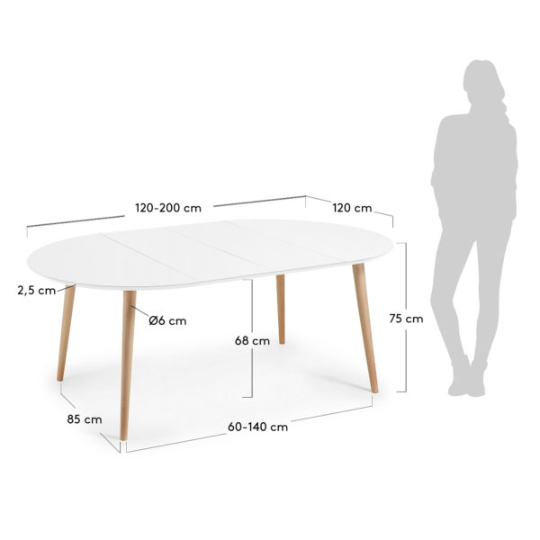 Raztegljiva Jedilniška miza Oakland, bela, okrogla, 75 x 120 (200) x 120 cm