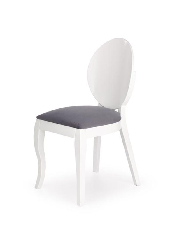 Jedilniški stol Verdi, tkanina v sivi barvi, noge bele barve iz masivnega lesa