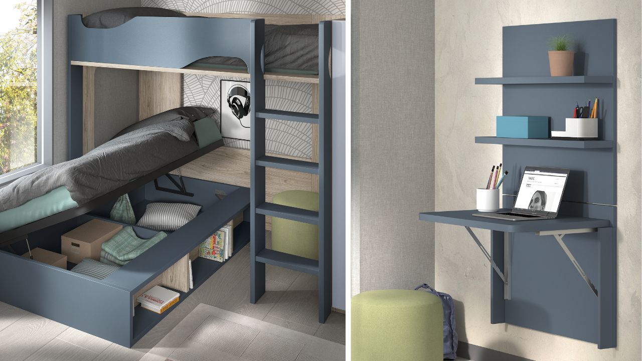 prikaz postelje z zabojem in stenske pisalne mize sestava otroške sobe s pogradom compactos 208