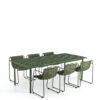 Zelena vrtna jedilna garnitura Maurina za 6 oseb, sestavljena iz mize s keramičnim mozaikom in šestih stolov iz pocinkanega jekla in vrvi, postavljena na belo ozadje.