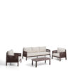 Vrtna garnitura Aleria: trosed, dva fotelja in klubska mizica, z okvirjem v rjavi barvi in svetlimi bež blazinami. Idealna za teraso.