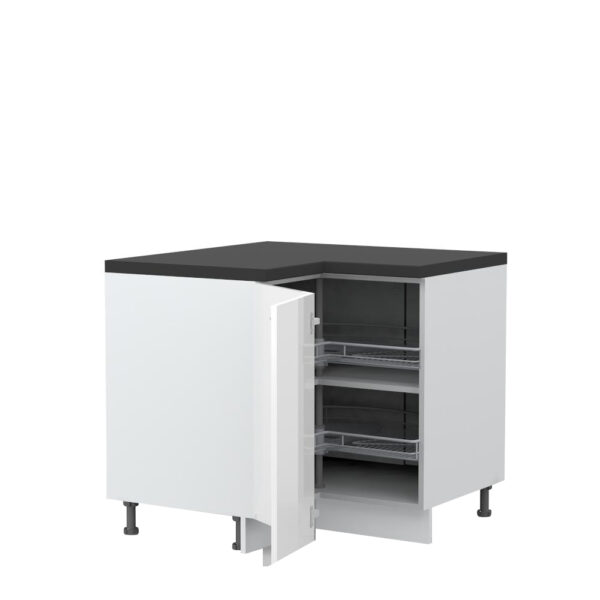 Kuhinjska kotna spodnja omarica z dvojnimi vrati in vrtljivim košem Riva R-UG-2KZA/2, 94 cm, kristalno bela fronta, izrez izdelka