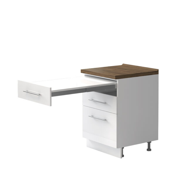 Kuhinjska spodnja omarica s predali in izvlečno mizo Riva R-60-3FMS/2, 60 cm, kristalno bela fronta, izrez izdelka
