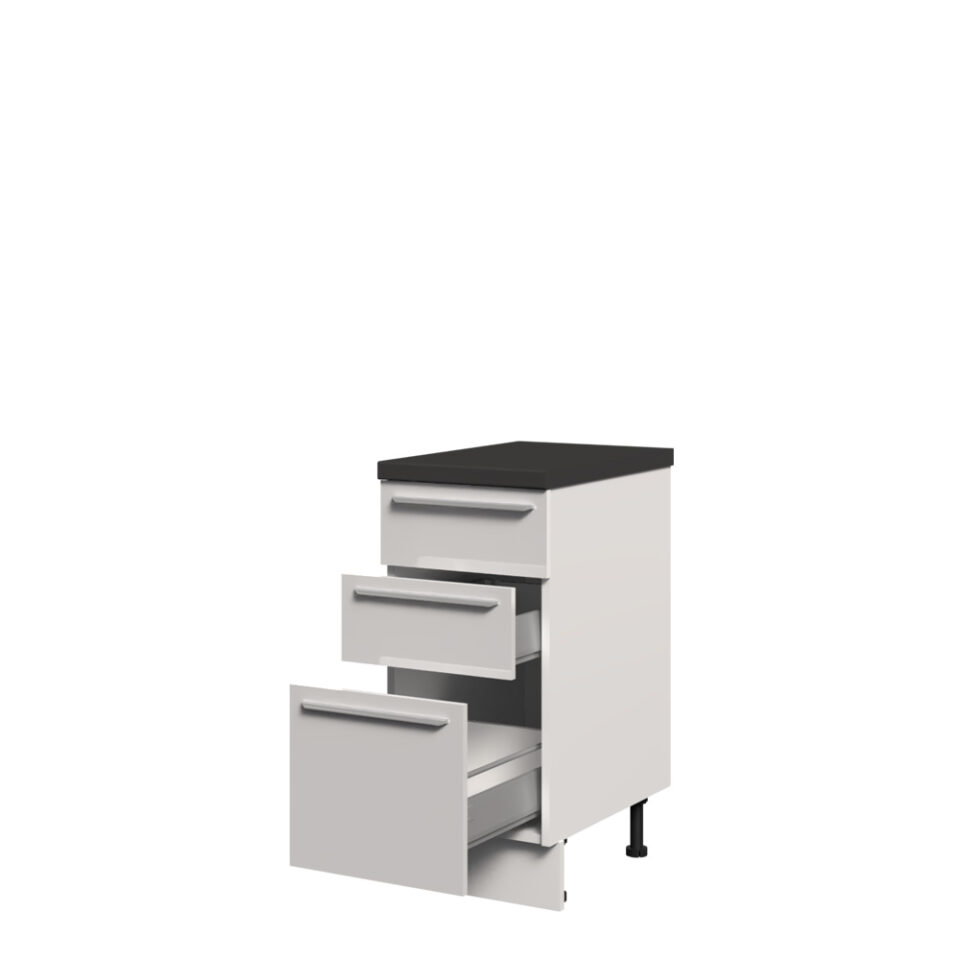 Kuhinjska spodnja omarica s tremi predali Riva R-40-3MBOX/2, 40 cm, kristalno bela fronta, izrez izdelka