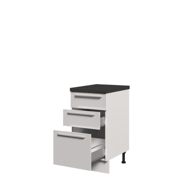 Kuhinjska spodnja omarica s tremi predali Riva R-45-3MBOX/2, 45 cm, kristalno bela fronta, izrez izdelka