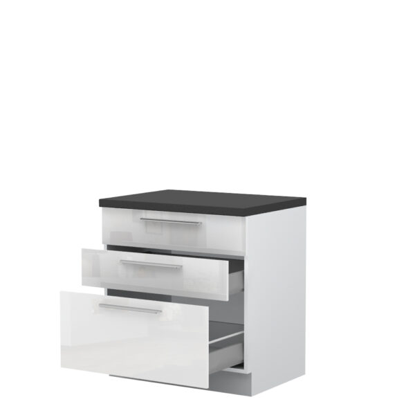 Kuhinjska spodnja omarica s tremi predali Riva R-80-3MBOX/2, 80 cm, kristalno bela fronta, izrez izdelka