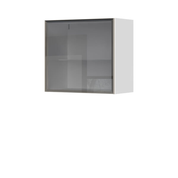Kuhinjska zgornja viseča omarica z dvižnimi steklenimi vrati v alu okvirju Riva V5-60-1ALP, 60 cm, višina 55 cm, kristalno bela fronta, izrez izdelka