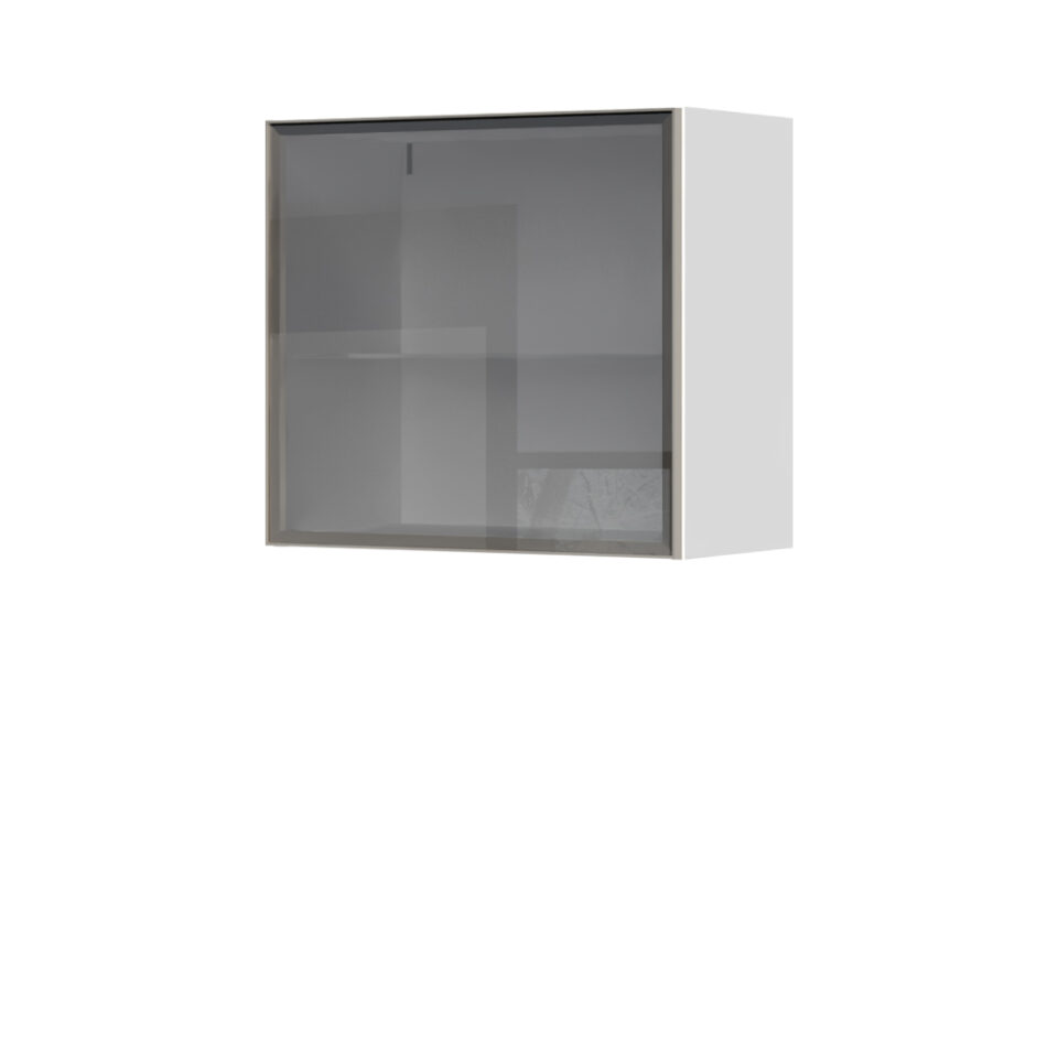 Kuhinjska zgornja viseča omarica z dvižnimi steklenimi vrati v alu okvirju Riva V5-60-1ALP, 60 cm, višina 55 cm, kristalno bela fronta, izrez izdelka