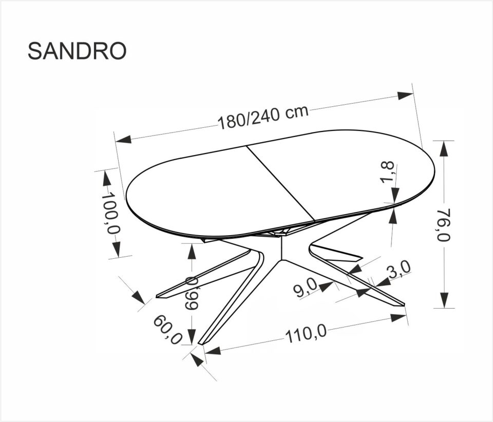 Ovalna raztegljiva jedilniška miza Sandro 180-240 cm, Črna, izrez izdelka