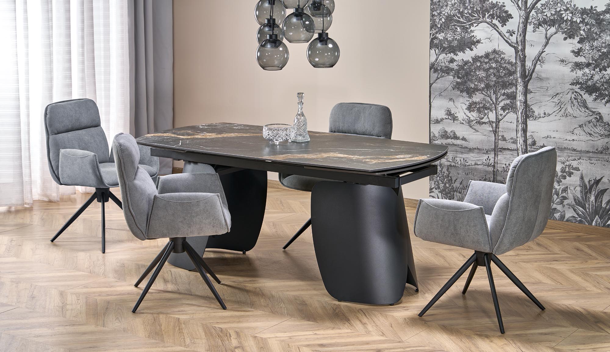 Raztegljiva jedilniška miza Forum 180-260 cm, Črni marmor / Črna, v prostoru