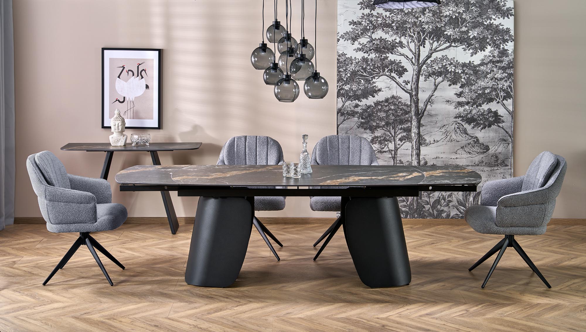 Raztegljiva jedilniška miza Forum 180-260 cm, Črni marmor / Črna, v prostoru