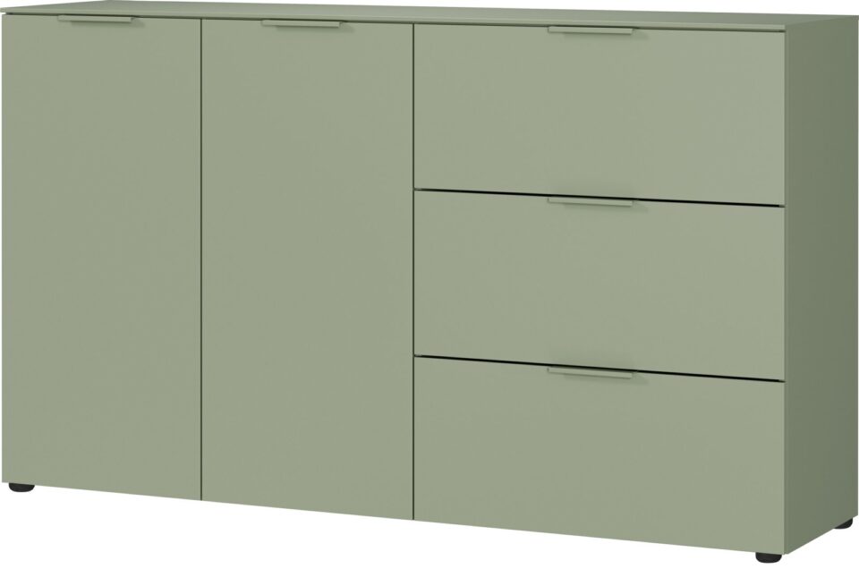 Široka komoda Savoca 1475 v barvi taupe zelena, odprta
