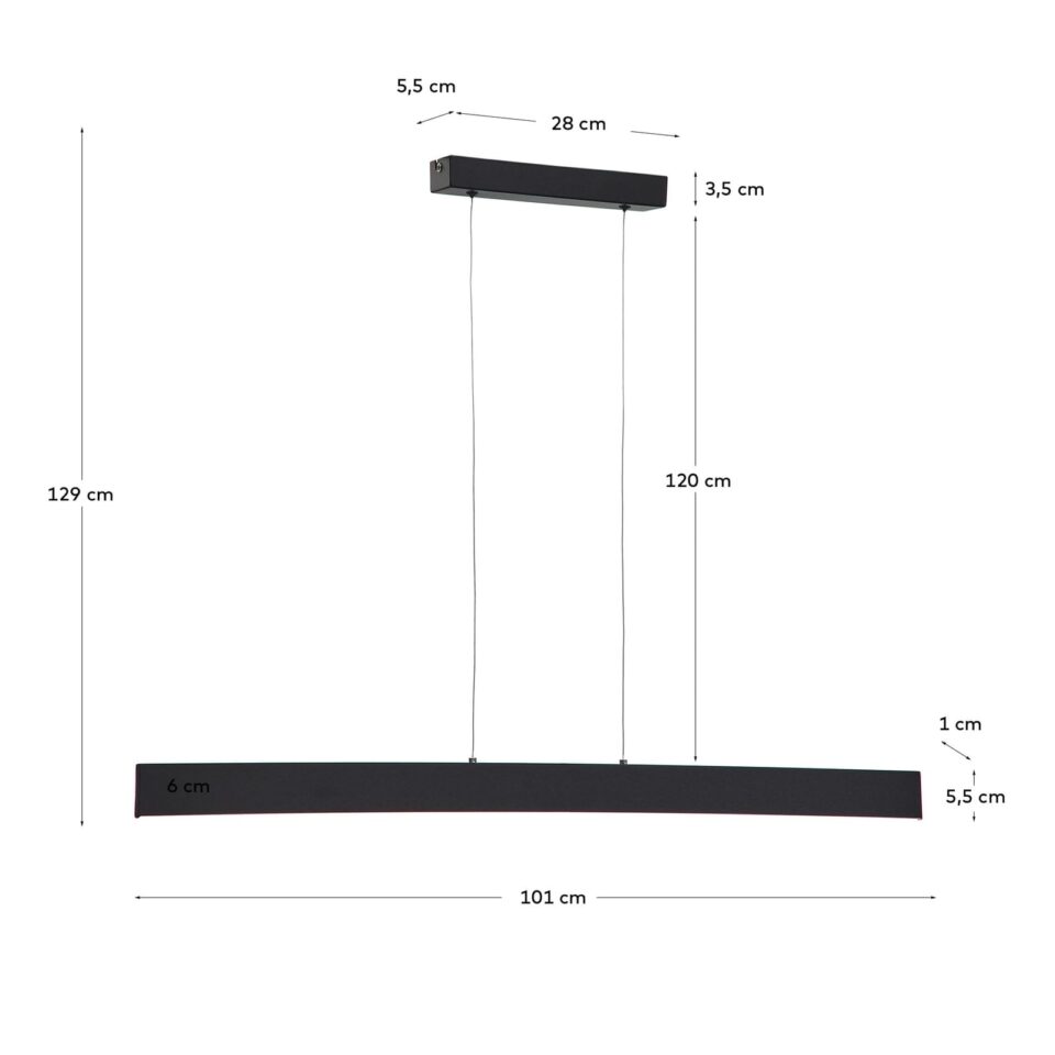 Viseča svetilka Boadella, črn aluminij, 101 x 5,5 x 129 cm