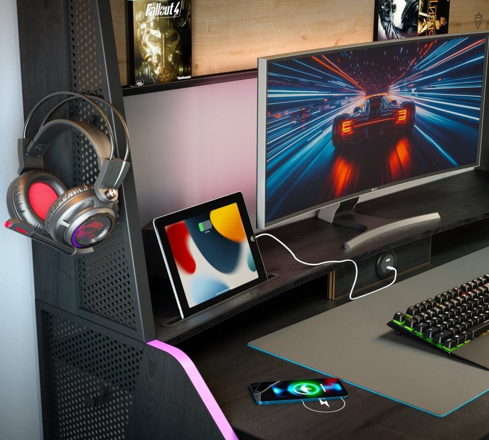 Brezžično polnjenje in nosilec za tablico na gaming mizi Black