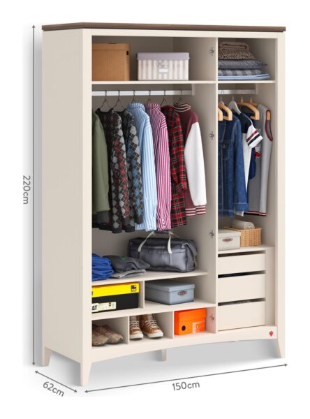 Garderobni ormar Lapel s troja vrata i ogledalom, dimenzije 150 x 220 x 62 cm