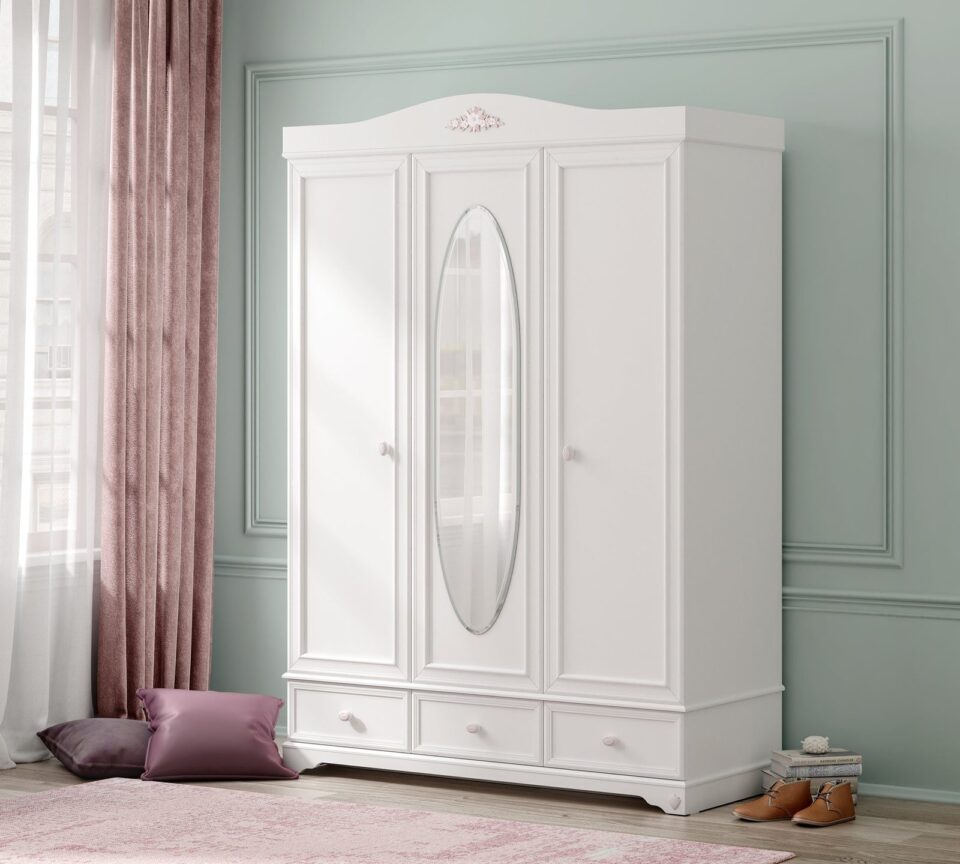 Garderobna omara Rustic White z ovalnim ogledalom na srednjih vratih