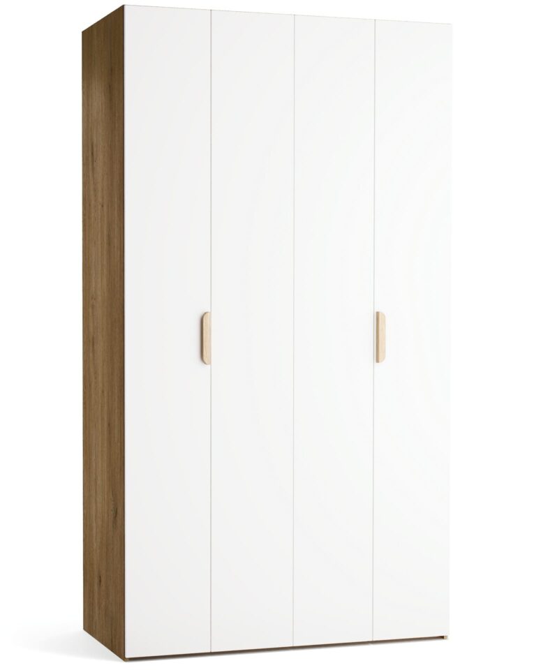 Garderobna omara Stor 125 x 225 cm, fronte bela, ročaj hrast, kratek zaobljen