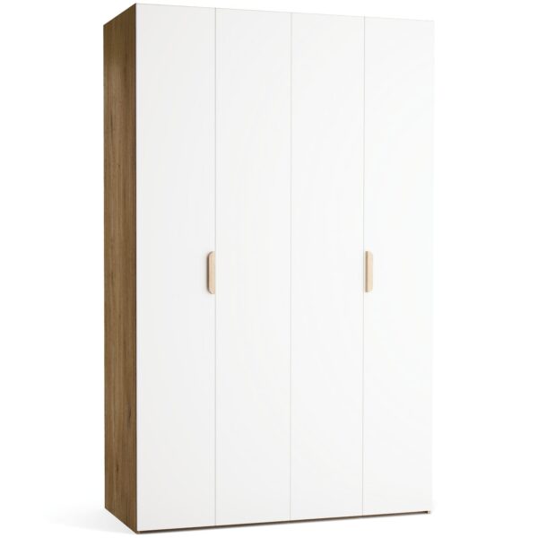 Garderobna omara Stor 140 x 225 cm, fronte bela, ročaj hrast, kratek zaobljen