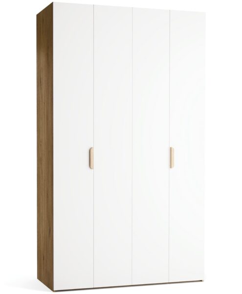 Garderobna omara Stor 140 x 240 cm, fronte bela, hrastov korpus, kratek zaobljen hrastov ročaj