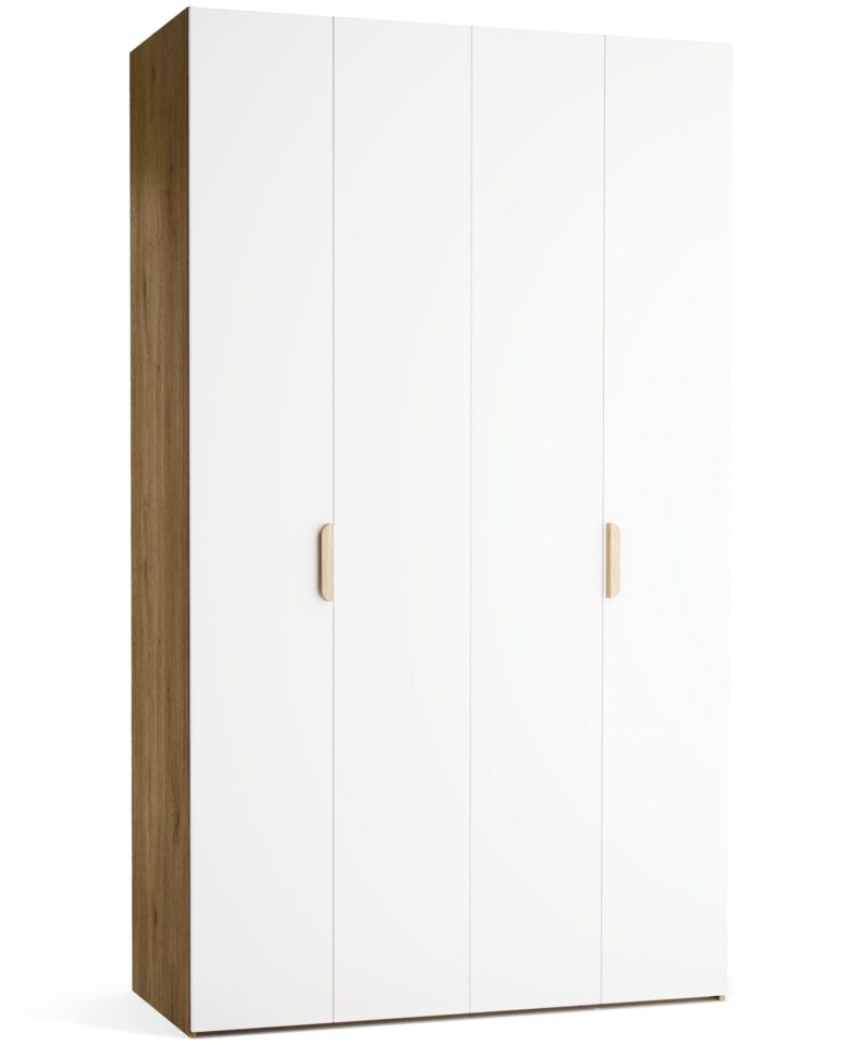 Garderobna omara Stor 140 x 240 cm, fronte bela, hrastov korpus, kratek zaobljen hrastov ročaj