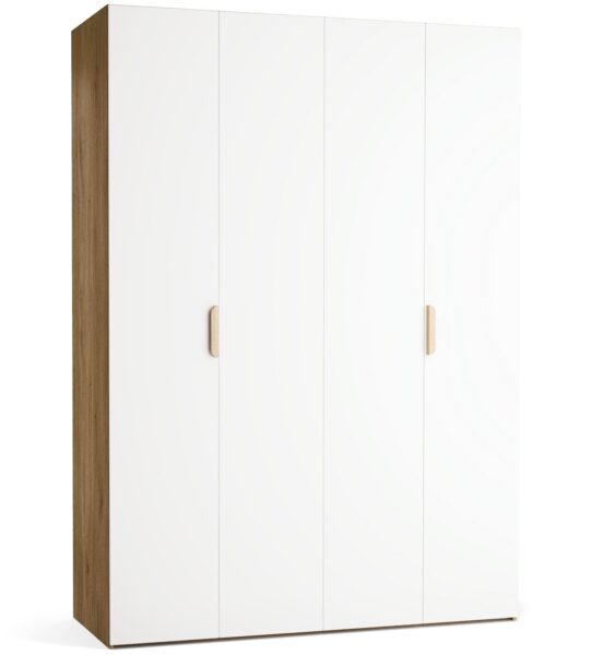 Garderobna omara Stor 160 x 225 cm, fronte bela, ročaj hrast, kratek zaobljen