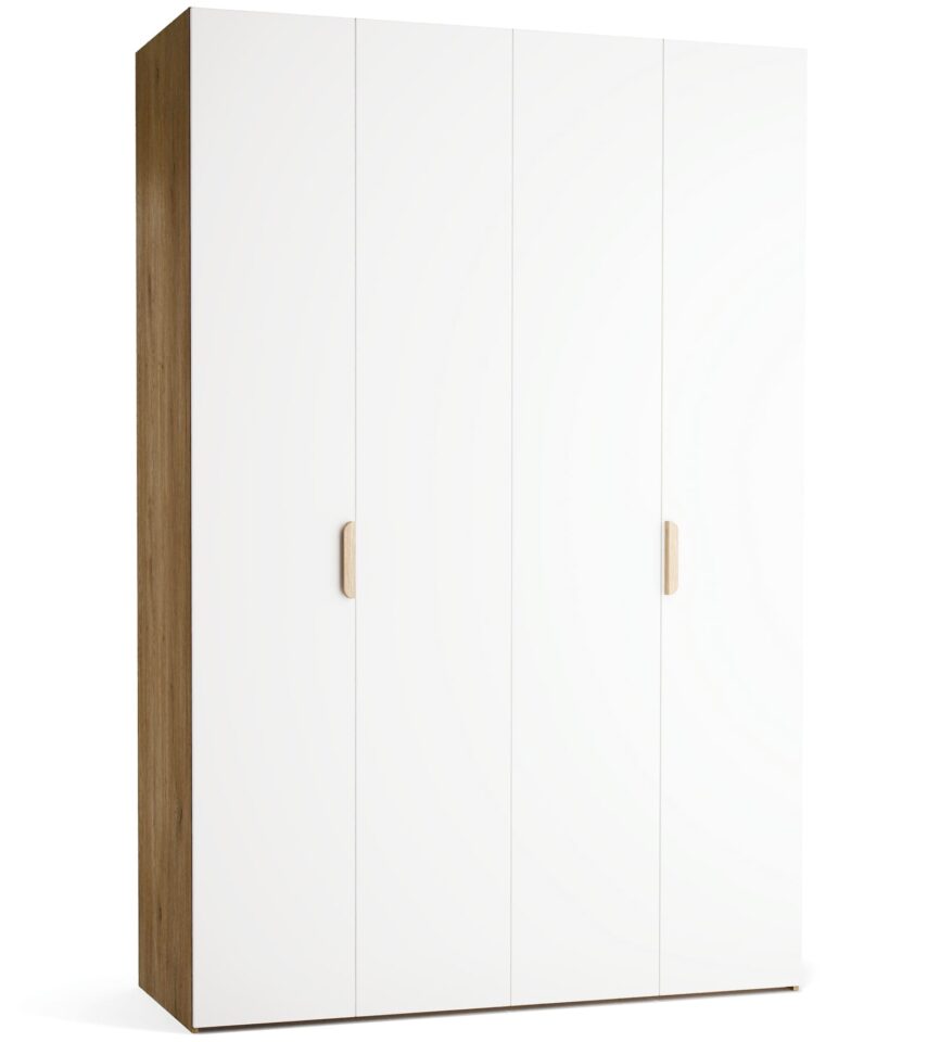 Garderobna omara Stor 160 x 240 cm, fronte bela, ročaj hrast, kratek zaobljen