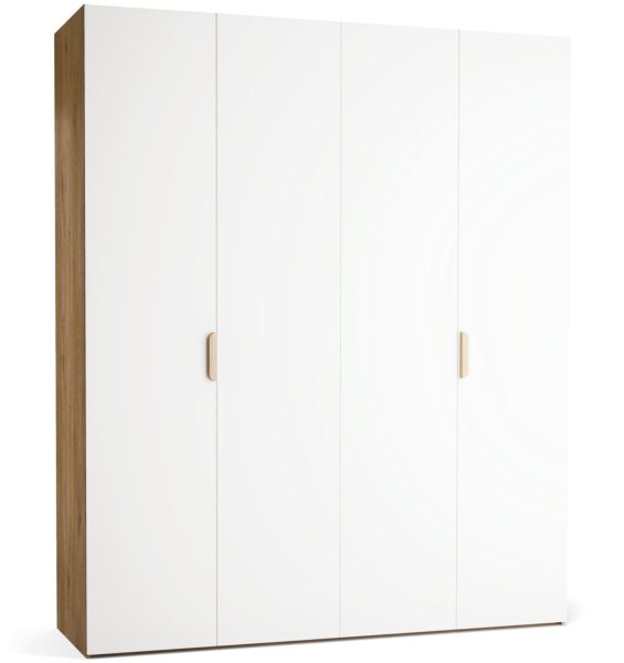 Garderobna omara Stor 200 x 240 cm, fronte bela, ročaj hrast, kratek zaobljen