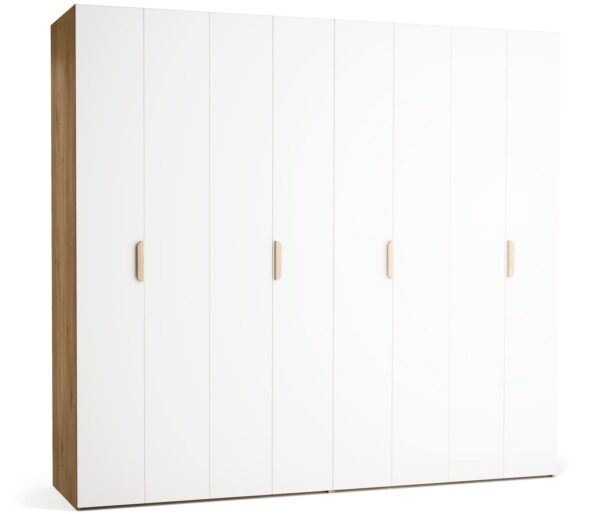 Garderobna omara Stor 250 x 225 cm, fronte bela, ročaj hrast, kratek zaobljen