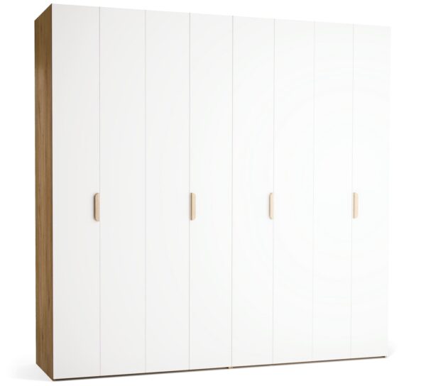 Garderobna omara Stor 250 x 240 cm, fronte bela, ročaj hrast, kratek zaobljen