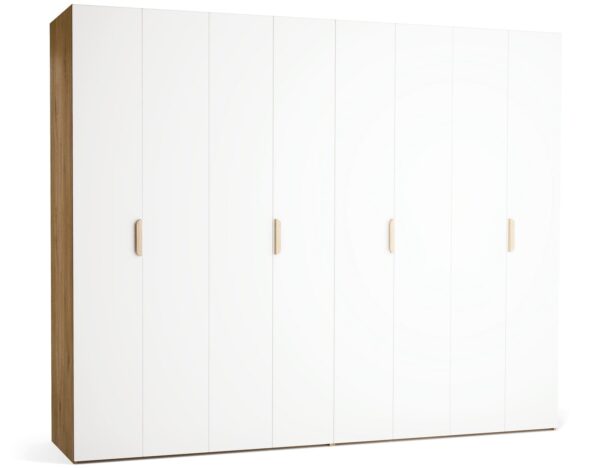 Garderobna omara Stor 280 x 225 cm, fronte bela, ročaj hrast, kratek zaobljen