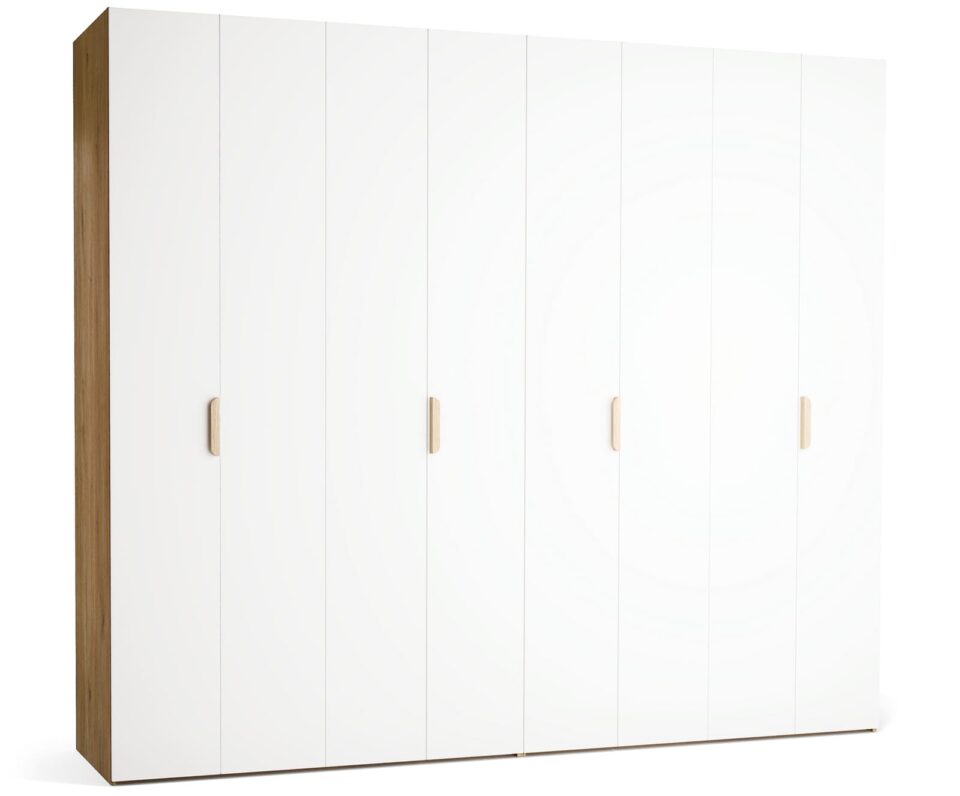 Garderobna omara Stor 280 x 240 cm, fronte bela, ročaj hrast, kratek zaobljen