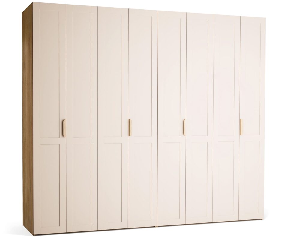Garderobna omara Stor 280 x 240 cm, fronte peščena z okvirjem, ročaj hrast, kratek zaobljen