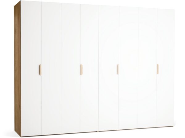 Garderobna omara Stor 300 x 225 cm, fronte bela, ročaj hrast, kratek zaobljen