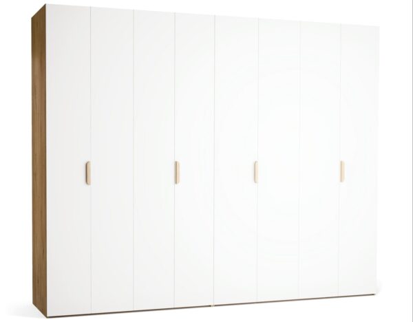 Garderobna omara Stor 300 x 240 cm, fronte bela, ročaj hrast, kratek zaobljen