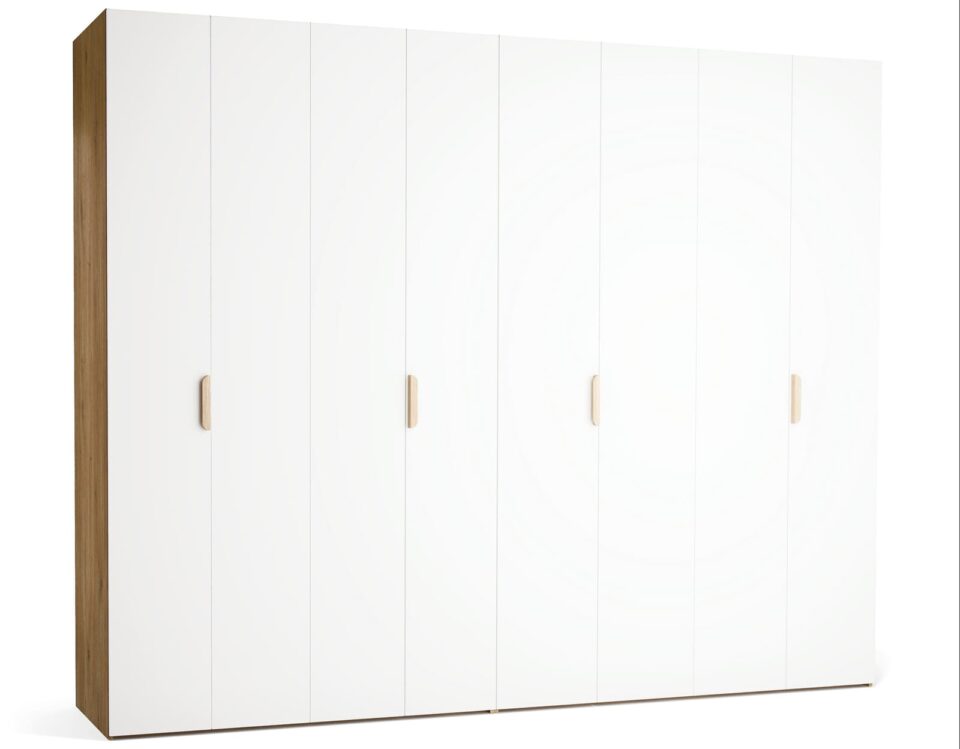 Garderobna omara Stor 300 x 240 cm, fronte bela, ročaj hrast, kratek zaobljen