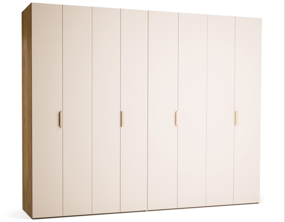 Garderobna omara Stor 300 x 240 cm, fronte peščena, ročaj hrast, kratek zaobljen