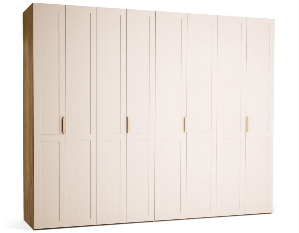 Garderobna omara Stor 300 x 240 cm, fronte peščena z okvirjem, ročaj hrast, kratek zaobljen