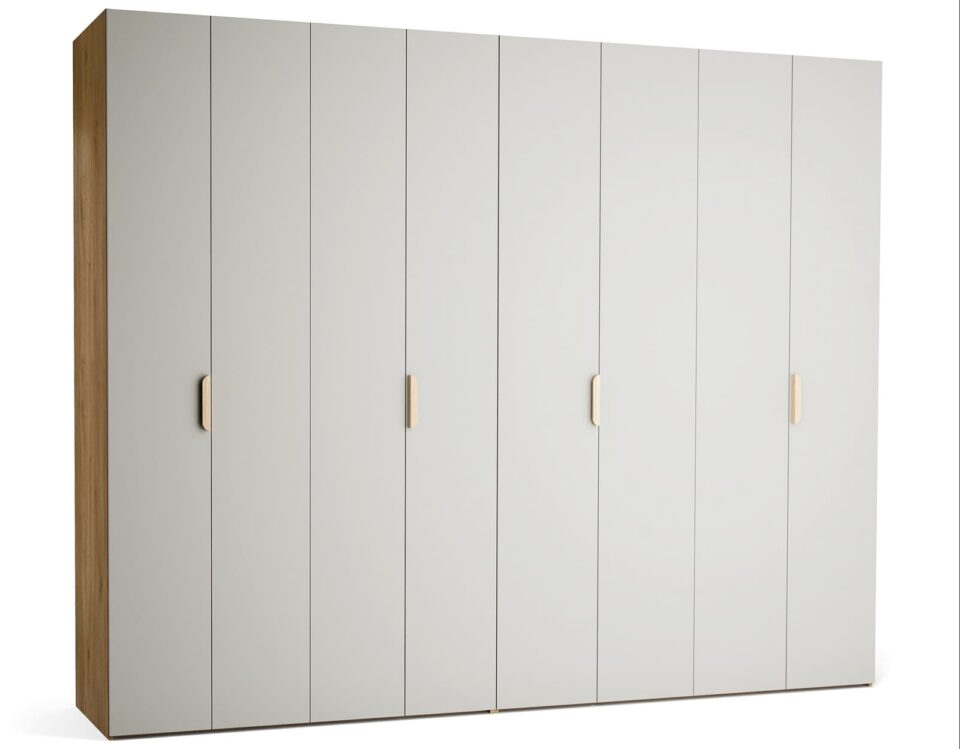 Garderobna omara Stor 300 x 240 cm, fronte siva, ročaj hrast, kratek zaobljen