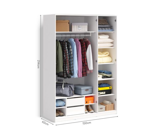 Garderobni ormar Varia White s ogledalom, dimenzije 150 x 214 x 62 cm