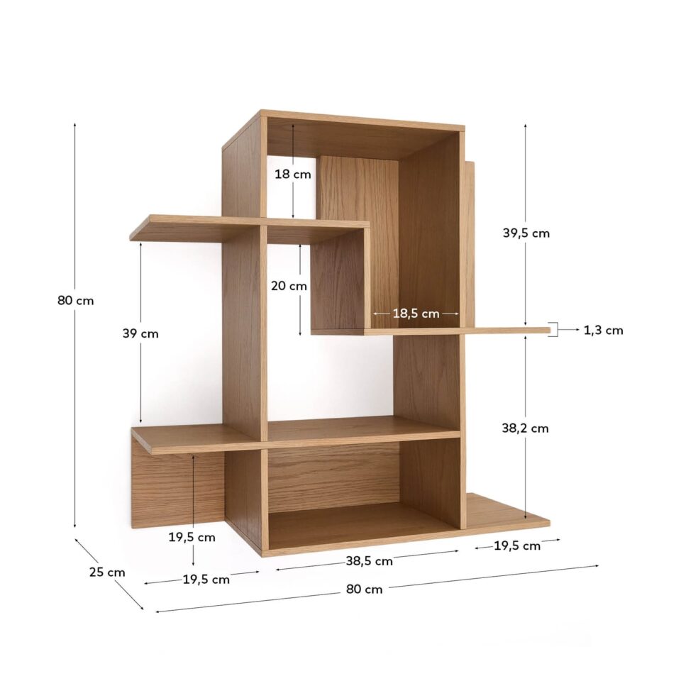 Modularna stenska polica Ina, hrastov furnir, naravna, 80 x 25 x 80 cm