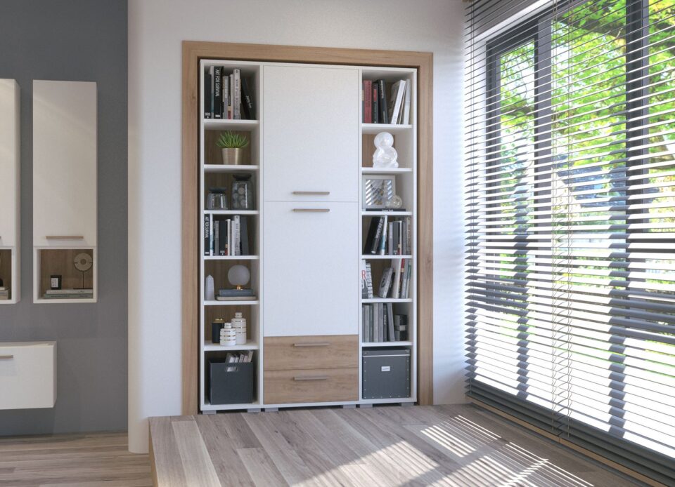 Dnevna soba All Room Concept z omarami in regali ob oknu