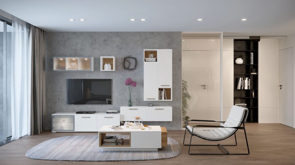 Dnevna soba All Room Concept s TV omarico, policami in klubsko mizico