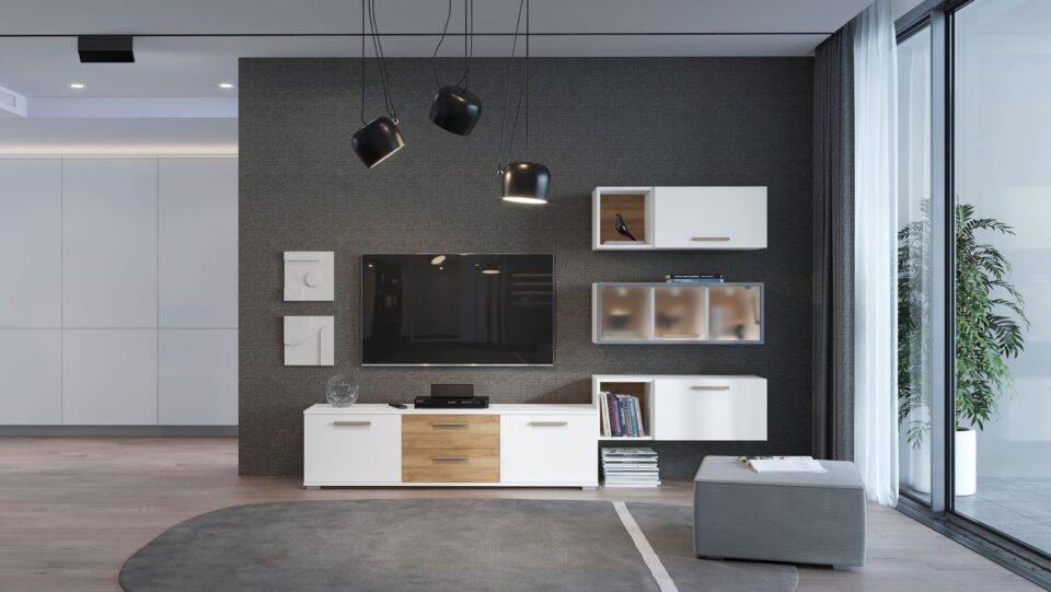 TV stena All Room Concept, E4 z ZP3A, bela in pacifik oreh