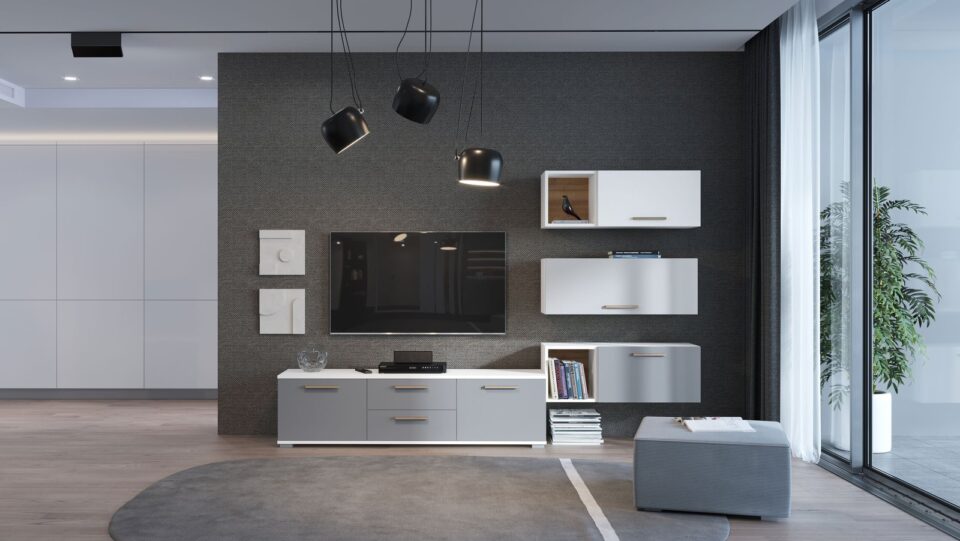 TV stena All Room Concept, E4 v biserno sivi barvi