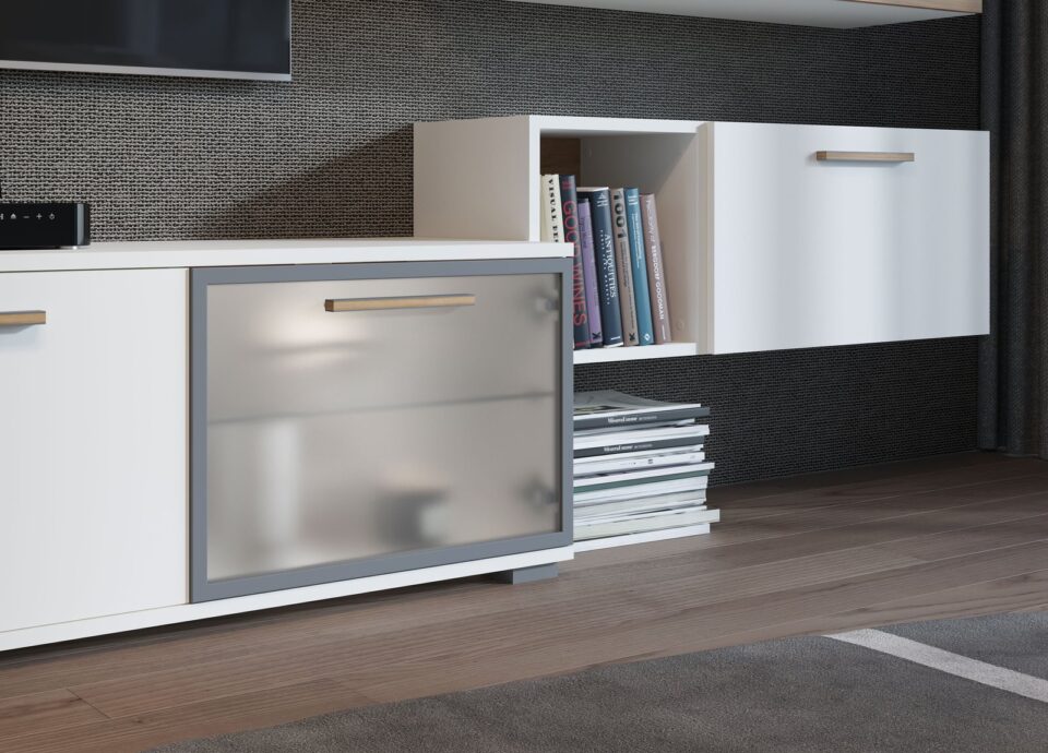 TV omarica All Room Concept, stekleno krilo in bela, detajl
