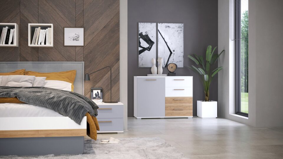 Spalnica All Room Concept s komodo C7, biserno siva, bela in pacifik oreh