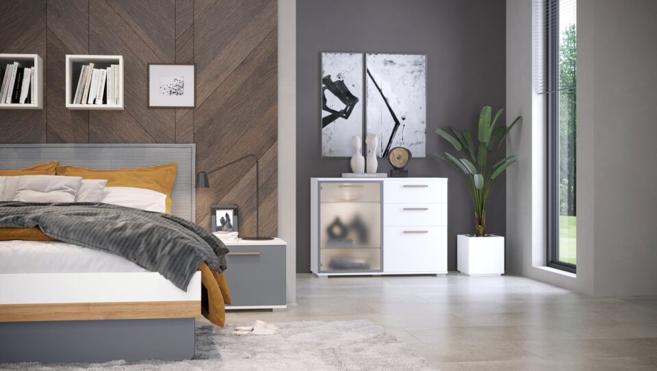 Spalnica All Room Concept s komodo C9 s steklenim krilom, bela