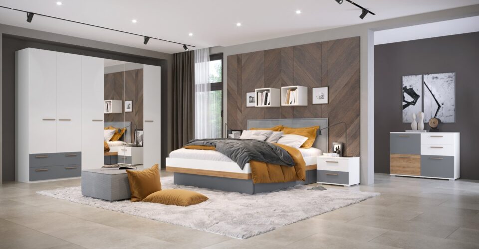 Spalnica All Room Concept s posteljo s sivim zametom, nočno omarico in komodo